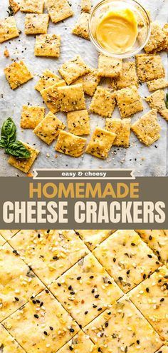 homemade cheese crackers are cut into squares and placed on a baking sheet with dipping sauce in the middle