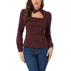 This cute top is versatile, a urban chic and casual outfits for every day. Made from stretch knit fabric, it has an on-trend choker square neckline, stand collar, cut out front, with an elasticated button cuff puff sleeves. Printed with a classic houndstooth plaid, try wearing with anything from denim to tailored trousers to build a elegant and lady chic style. A stylish plaid print shirt is updated with perfectly puff sleeves for understated charm. Stretchy, breathable and lightweight, this tee Trendy Fall Tops For Workwear, Fitted Plaid Blouse For Fall, Plaid Tops For Workwear In Fall, Plaid Top For Fall Workwear, Fitted Tops For Office In Fall, Chic Fall Office Tops, Trendy Stretch Tops For Office, Trendy Stretch Tops For The Office, Trendy Plaid Blouse For Winter