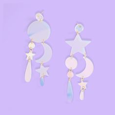 Celestial hand-made chandelier earrings in iridescent color #color_iridescent Stars And Moons, Euro Coins, Steal The Spotlight, Hoop Charms, Colorful Jewelry, Dangly Earrings, The Night Sky, Stunning Earrings, Stars And Moon