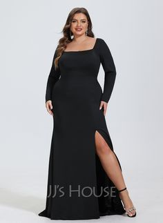 Sheath/Column Square Sweep Train Jersey Evening Dress (017254995) - JJ's House Long Sleeve Maxi Dress With Side Slits For Evening, Prom Dresses Long Black, Dress Black Long Sleeve, Jersey Evening Dress, Prom Dress Black, Square Neck Dress, Black Prom Dresses, Dress Evening, Classy Dress