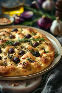 a pizza with olives and rosemary on it sitting on a plate next to garlic