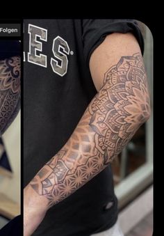 a man's arm covered in tattoos and another photo of his arm with an intricate design on it