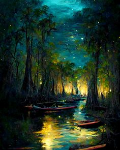 a painting of canoes floating in the water at night with stars and lights above them