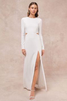 White Maxi Dress - Cutout Bridal Dress - Long Sleeve Gown - Lulus Casual Wedding Dress Long Sleeve, Edgy Dress, Formal Dresses With Sleeves, Elopement Dress, Black Tie Gala, Cutout Maxi Dress, Long Sleeve Gown, Wedding Guest Dresses, Swimwear Dress