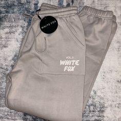 Color: Moon Size: Large White Fox Set Aesthetic, Winter White Bottoms With Letter Print, White Fox Sweatpants, White Fox Boutique, White Fox Aesthetic, Light Grey Leggings, Terry Cloth Romper, Athleisure Casual, Grey Sweatpants