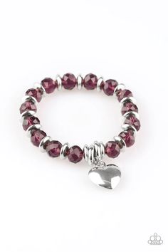 Sparkling purple crystal-like beads and shimmery silver accents are threaded along a stretchy band. An oversized silver heart charm swings from the wrist for a whimsical finish. Sold as one individual bracelet. #P9WH-PRXX-167XX Purple Bracelet, Paparazzi Accessories, Exclusive Jewelry, Stretchy Bracelets, Hair Accessories Jewelry, Purple Crystals, Paparazzi Jewelry, Stone Heart, Bracelet Collection