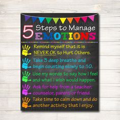 a chalkboard with five steps to manage emotions and hand prints on it, in rainbow colors