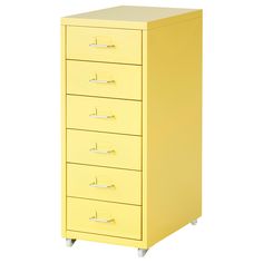 a yellow filing cabinet with five drawers