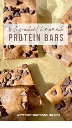 chocolate chip cookie bars with text overlay reading 5 ingredient homemade protein bars