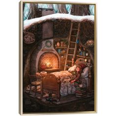 a woman laying in bed next to a fireplace with a ladder on it's side