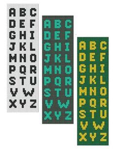 three cross stitch alphabets are shown in different colors and sizes, each with the letter's lowercasees