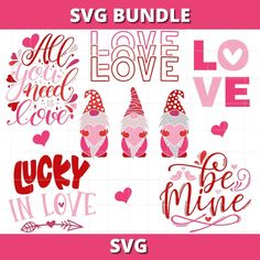 valentine's svg bundle with love and gnomes, including two gnome hats