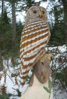 an owl statue sitting on top of a tree stump in the snow with trees behind it