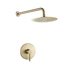 an overhead shower head with thermostaer and hand showerhead in brushed brass