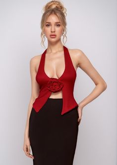 Expertly crafted with 3D flower decoration, this halter top is a statement piece for any wardrobe. The vibrant red color adds a bold touch to your outfit, while the halter style provides a flattering neckline. Perfect for adding a touch of sophistication to any look. Fabric: High Stretch Material: Polyester Fiber *Actual color may vary slightly due to photo lighting and display screen color differences. Red Halter Top For Night Out In Spring, Chic Red Halter Neck Top, Chic Red Halter Top For Night Out, Red Halter Top For Summer Parties, Red Spring Halter Neck Top, Red Halter Neck Top For Spring, Red Sleeveless Halter Top For Night Out, Chic Red Halter Top For Party, Chic Red Fitted Halter Top