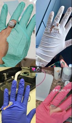 four different pictures with gloves on and one wearing a diamond ring