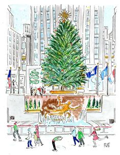 a drawing of people skating around a christmas tree