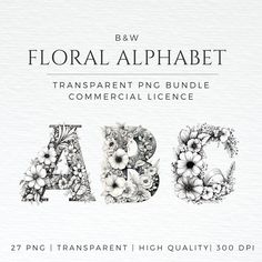 floral alphabet font and numbers with flowers in the letters aoo, b & w