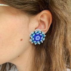 Stud earrings, Beaded Flower earrings Huichol Earrings, Mexican Folk Art, Seed Bead Earrings, Native American Earrings, Fringe Earrings, Mexican Earrings, Huichol Flower, Native American Jewellery, statement Pieces, - MATERIALS - Made using a traditional freehand beading technique with strong synthetic thread, high-quality Czech beads and stainless steel ear studs white gold ptd. - Created in a pet-free and smoke-free home -  - PLEACE NOTE that the colors may slightly vary depending on each individual computer monitor display! that due to the handmade nature of each item, there may be slight variations from the photo! Thank you! Bead Cap Drop Earrings As Gift, Bead Caps Drop Earrings As Gift, Bead Cap Drop Earrings For Gift, Handmade Blue Cluster Earrings For Gift, Blue Beaded Clip-on Earrings Gift, Flower Shaped Beaded Earrings For Jewelry Making, Beaded Flower Earrings, Huichol Earrings, Native American Jewellery