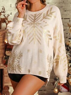 Women's Solid Knitted Knitted Gold Foil Snowflake Print Loose Thickened Autumn And Winter Pullover Sweater Suitable For Halloween, New Year, Valentine's Day, Thanksgiving, Christmas, Easter, National Day, Ball, New Year's Eve Multicolor Casual  Long Sleeve Knitwear Christmas,Plants Pullovers Slight Stretch  Women Plus Clothing, size features are:Bust: ,Length: ,Sleeve Length: Christmas Plants, Snowflake Print, Winter Pullover, Long Sleeve Pullover Sweater, Casual Hat, National Day, Inspiration Mode, Nouvel An, Thanksgiving Christmas