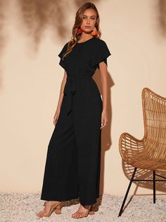 This elegant piece from our collection is a must-have for any wardrobe. Butterfly Sleeve Belted Wide Leg Jumpsuit is crafted from a lightweight fabric, the wide-leg silhouette is enhanced by a belted waistline and regular fit. Featuring a round neckline, short butterfly sleeves, and a long length, this piece is sure to bring a touch of sophistication to any look. It's perfect for any formal occasion or just to add some flair to your everyday style coming in black and brown colors. Features: Styl Comfy Jumpsuits, Belt Length, Butterfly Sleeve, Elegant Pattern, Butterfly Sleeves, Formal Attire, Wide Leg Jumpsuit, Black Jumpsuit, Style Elegant