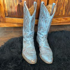 These Are Super Cool And Unique Cowboy Boots By Famed Tony Lamathe Real Deal With Leather Soles & Wooden Heels. I Loved These And They Will Need To Be Re Soled So Price Reflects This..I Have Done This Before With My Other Boots As Over Time, It Is Necessary If You Wear Them!! The Color Is Gorgeous “Robin Egg” Blue Firm Blue Fitted Snip Toe Boots, Fitted Blue Snip Toe Boots, Blue Snip Toe Boots For Rodeo, Blue Western Boots For Ranch, Western Style Blue Boots For Ranch, Blue Western Style Boots For Ranch, Vintage Blue Leather Boots, Western Blue Boots With Round Toe, Blue Almond Toe Boots