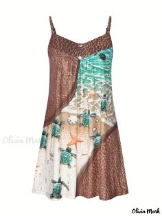 Olivia Mark - Plus Size Vacay Dress, Women's Plus Ocean Creatures Print Round Neck Button Decor Cami Dress Button-up Beach Dresses With Buttons, Beach Button-up Sundress With Buttons, Vacation Sundress With Buttons, Button-up Sundress With Buttons For Beach, Beach Button-up Printed Dress, Printed Button-up Beach Dress, Green Buttoned Beach Dress, Button-up Printed Beach Dress, Green Buttoned Dress For Beach