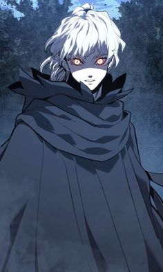 an anime character with white hair and red eyes wearing a black cloak in front of trees