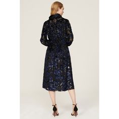 Black floral (39% Nylon, 37% Viscose, 24% Lurex). Hourglass. Long sleeves. Collar. Front button closure. 46" from shoulder to hemline. Imported. Fall Floral Print Midi Dress For Night Out, Formal Long Sleeve Midi Dress With Floral Embroidery, Embroidered Long Sleeve Midi Dress For Evening, Elegant Fall Embroidered Midi Dress, Elegant Fall Midi Dress With Embroidery, Fall Evening Dress With Floral Embroidery, Elegant Fall Midi Dress Embroidered, Winter Party Dress With Floral Embroidery, Winter Evening Dress With Floral Print