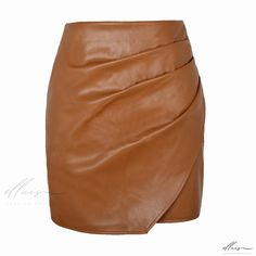 Elluis - Sophisticated High-Waisted Irregular Leather Skirt with Flattering Contoured Fit, Zipper Closure, and Elegantly Gathered Pleats Elegant Brown Asymmetrical Skirt, Asymmetrical Fitted Brown Skirt, Elegant High-waisted Brown Mini Skirt, Elegant High Waist Brown Mini Skirt, Fitted Asymmetrical Brown Mini Skirt, Fitted Brown Asymmetrical Mini Skirt, Brown Fitted Asymmetrical Mini Skirt, Chic Brown Asymmetrical Bottoms, High Waist Brown Mini Skirt For Party