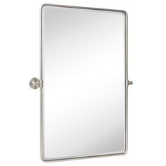 a bathroom mirror with a metal frame and knobs on the front door, in stainless steel