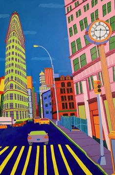 a painting of a city street with tall buildings and a clock tower in the background