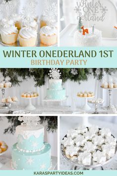 winter wonderland 1st birthday party with cupcakes and cakes