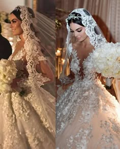 two pictures of the same bride in their wedding gowns, one is holding her bouquet