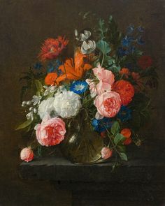 a painting of flowers in a vase on a table