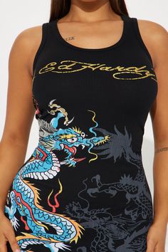 Available In Black. Crew Neck Sleeveless Ed hardy Graphic Front And Back Screen Ribbed Stretch Disclaimer: Due To The Printing Process A Difference In Saturation May Occur. Each Garment Is Unique. 78% Cotton 18% Polyester 4% Spandex Imported | Ed Hardy Dragon Tank Dress in Black size Large by Fashion Nova Ed Hardy Dress, Ed Hardy Dragon, Asian Dragon, Black Tank Dress, Dragon Print, Tops And Bottoms, Ed Hardy, Tank Dress, Printing Process