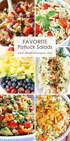 several different salads are shown with the words favorite potluck salads