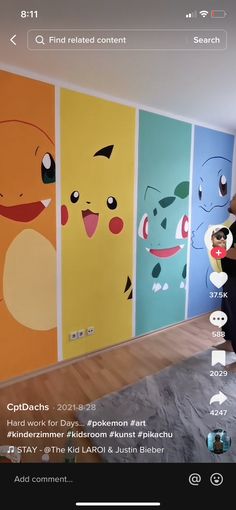 the pokemon wallpapers in this room are all different colors and sizes, but there is