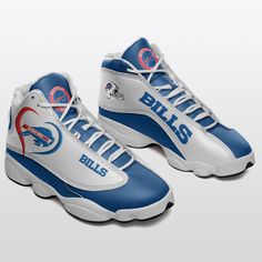 a pair of blue and white shoes with the word bills on it's soles