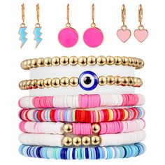 PRICES MAY VARY. Colorful Bracelets Pack: The clay bead bracelet set is designed with unique elements - gold beads, evil eye, colorful 6mm vinyl disc. No fade, waterproof, lightweight and comfortable to wear. Gold Hoop Earrings: 3 pairs of preppy earrings with different patterns. Unique design can meet your daily outfit needs and these ear accessories will help you create a chic looking. Stackable Bracelets Size: The outside length of the bracelets is approx. 6.2/7 inch and they can match most p Preppy Jewelry Bracelets, Clay Bead Friendship Bracelets, Friendship Bracelets Summer, Bead Friendship Bracelets, Adjustable Beaded Bracelets, Clay Bead Bracelet Set, Preppy Birthday Party, Bracelets Preppy, Preppy Earrings