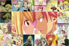 many different images of anime characters with pink hair and blonde hair, one is kissing the other