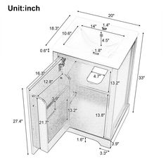 an image of a bathroom cabinet with the door open and measurements in front of it