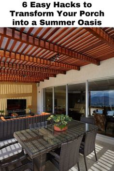 an outdoor living area with patio furniture and wooden pergolated roof