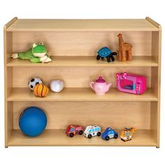 a wooden shelf filled with lots of toys