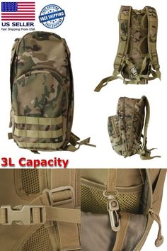 three different views of the back and side of a backpack with multiple compartments, including one for