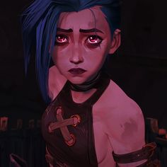 a woman with blue hair and red eyes in a dark room looking at the camera