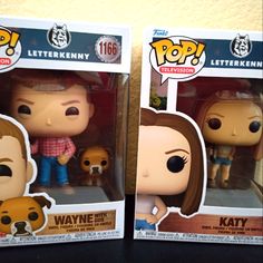 two funky pop vinyls are on display in their packaging boxes, one is brown and the other is white