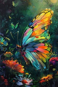 a painting of a colorful butterfly flying over flowers