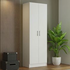 a white cabinet sitting next to a plant in a living room