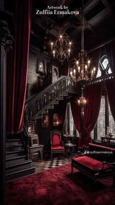 an old fashioned room with red curtains and chandelier